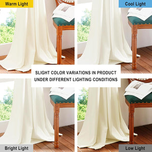 Solid ivory curtain panels showcasing color variations under warm, cool, bright, and low light conditions.