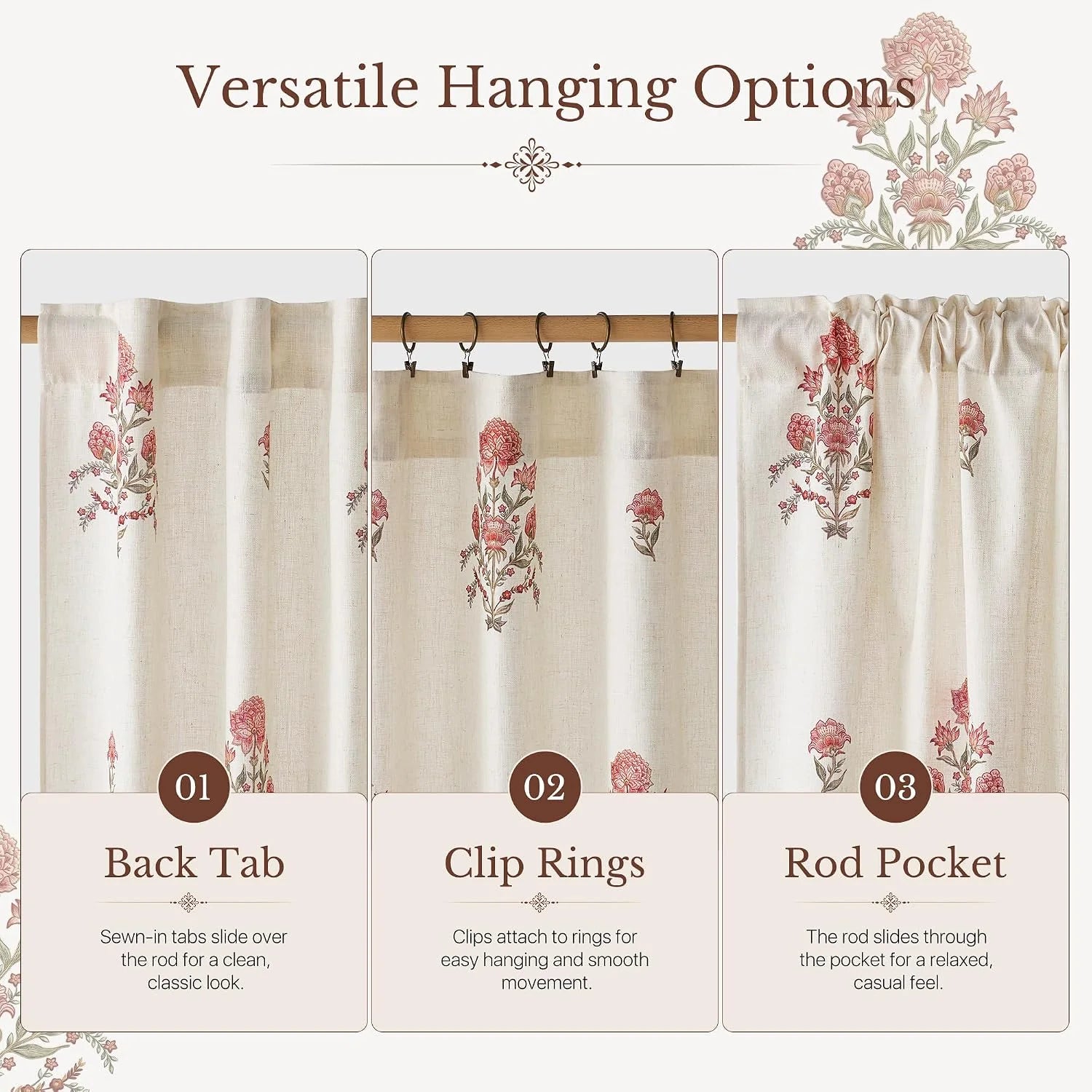 Infographic showing ivory floral linen curtains with back tab, clip rings, and rod pocket styles