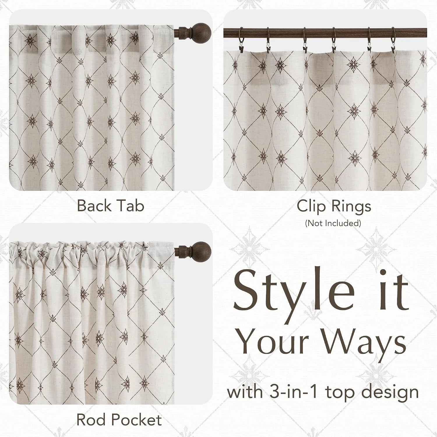 Ivory patterned curtain panel shown with back tab, clip rings, and rod pocket headings