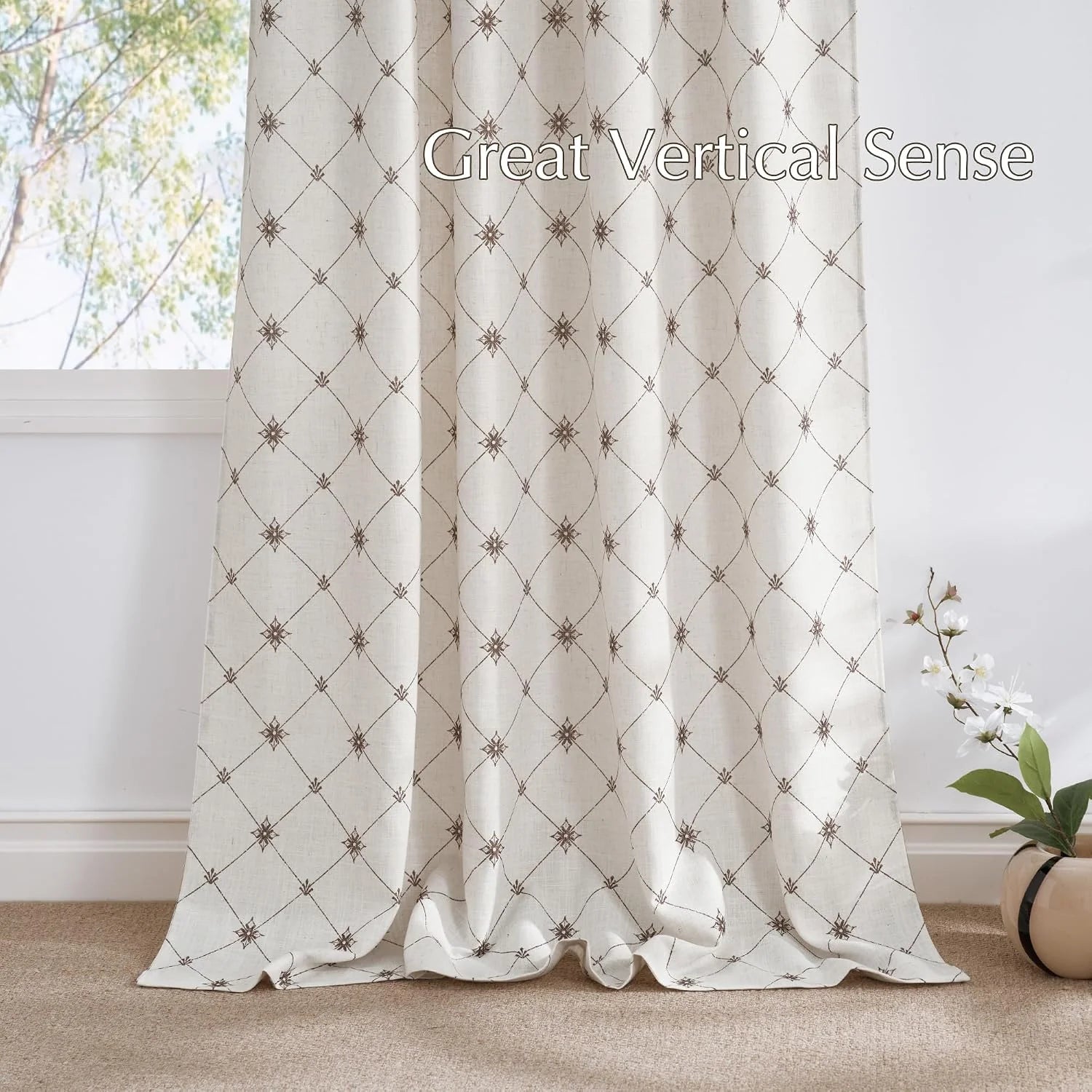 Ivory linen-look curtain panel with brown geometric lattice pattern by a bright window