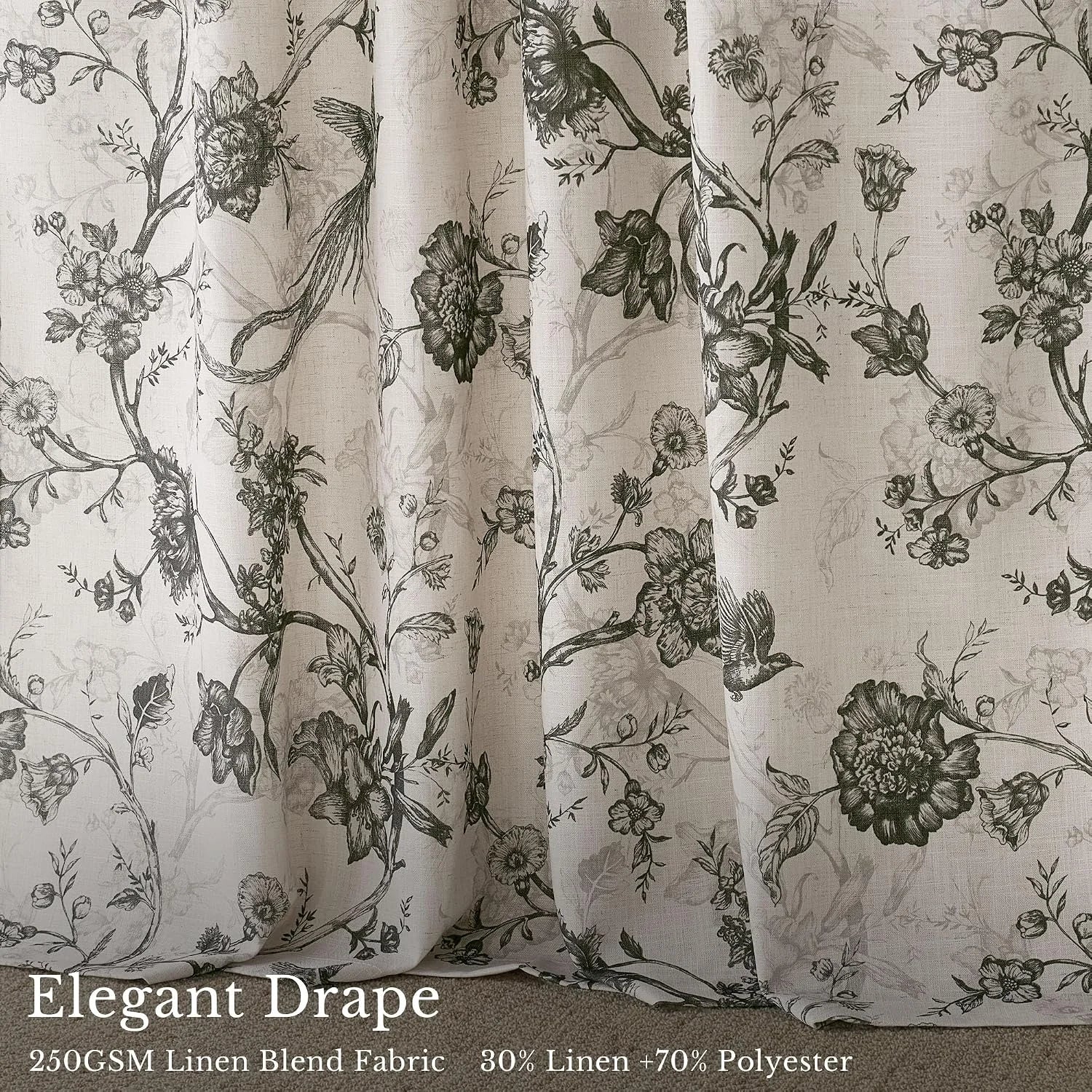 Ivory linen blend curtain with dark floral botanical print and elegant drape