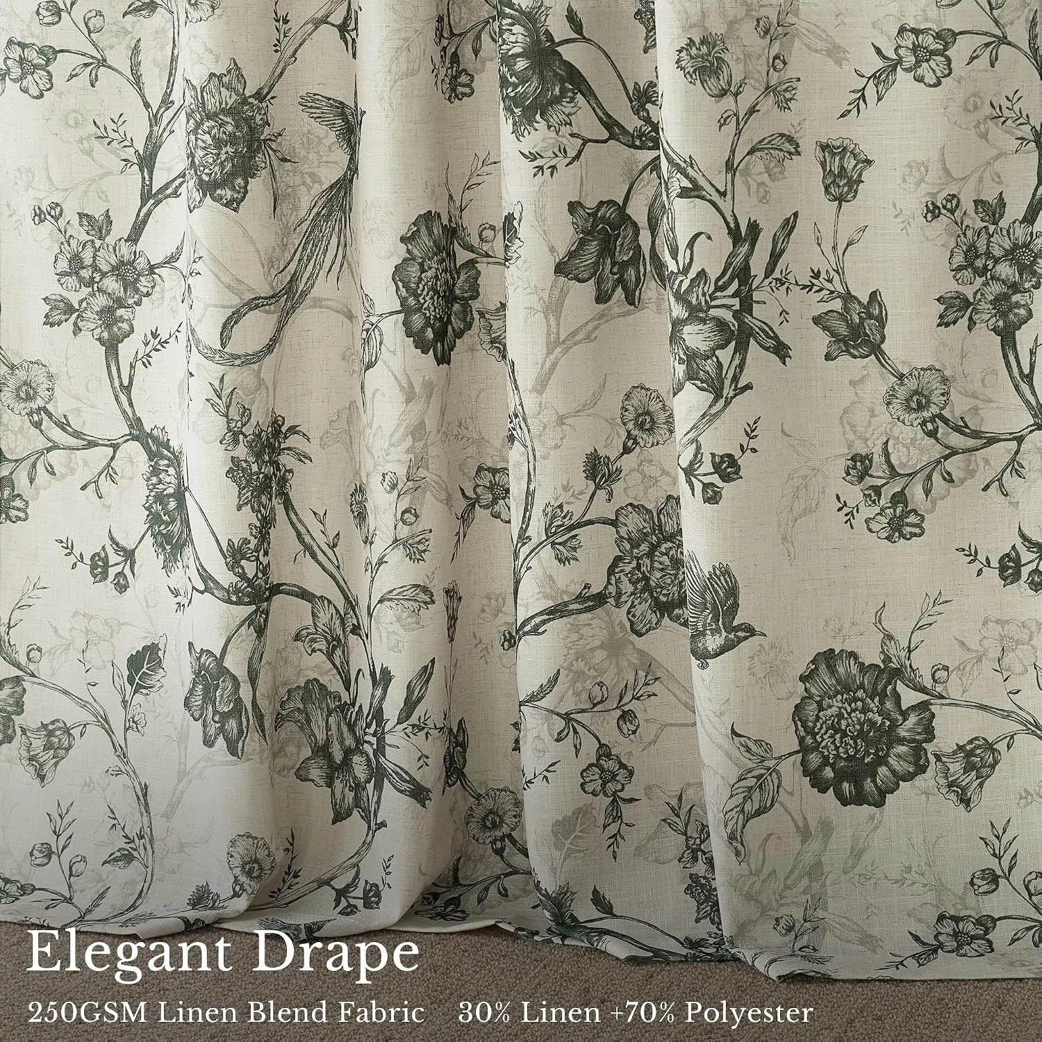 Ivory linen blend curtain with black botanical floral print and elegant drape