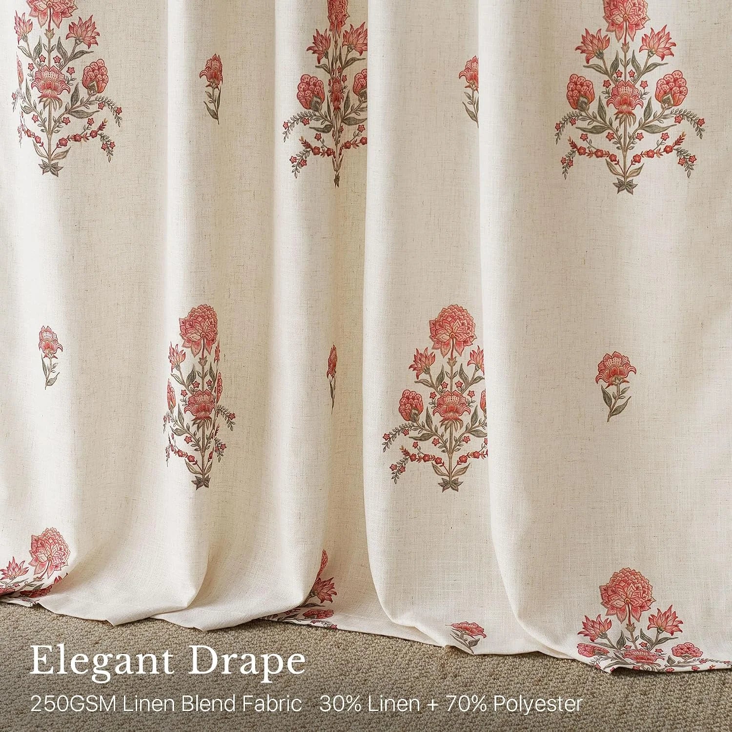 Ivory linen blend curtain with pink floral print and soft elegant drape
