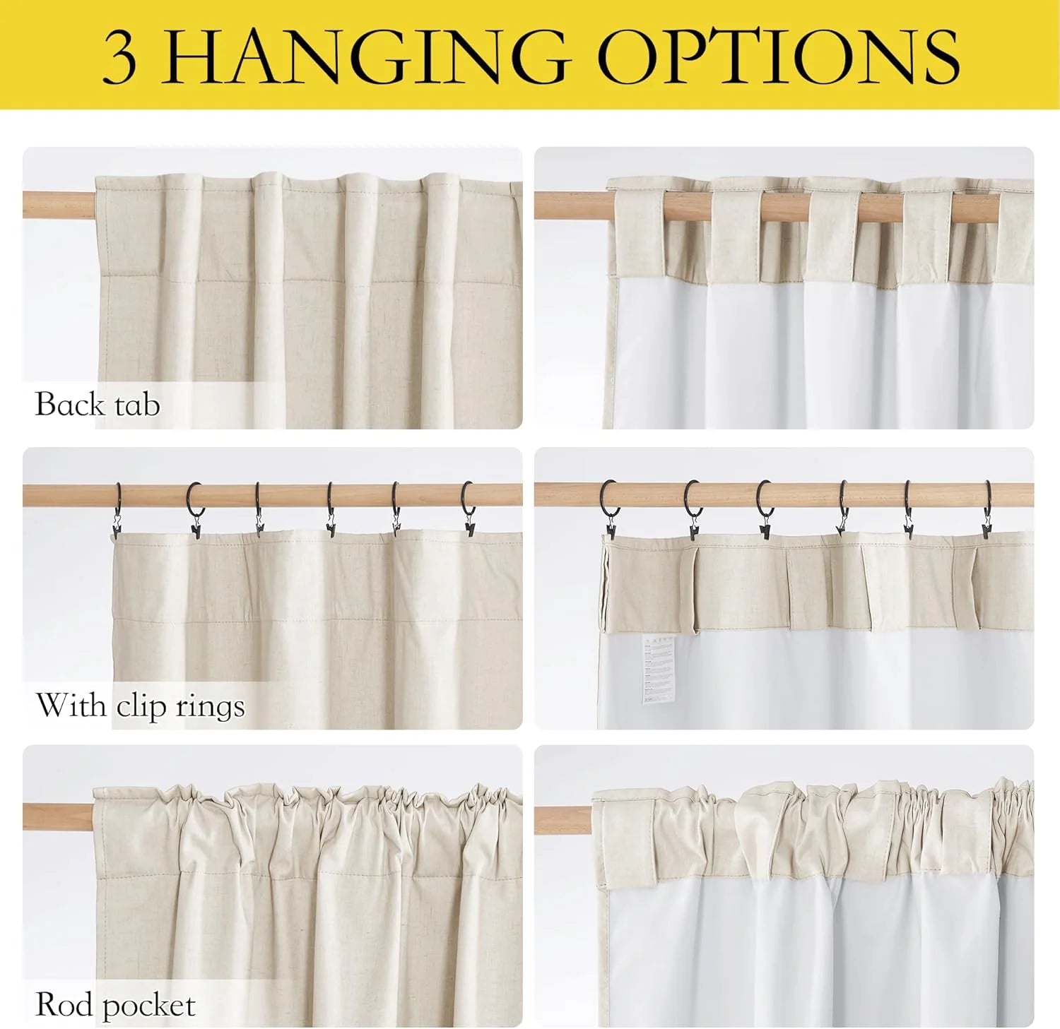 Ivory linen curtain panel showing back tab, clip rings, and rod pocket hanging styles
