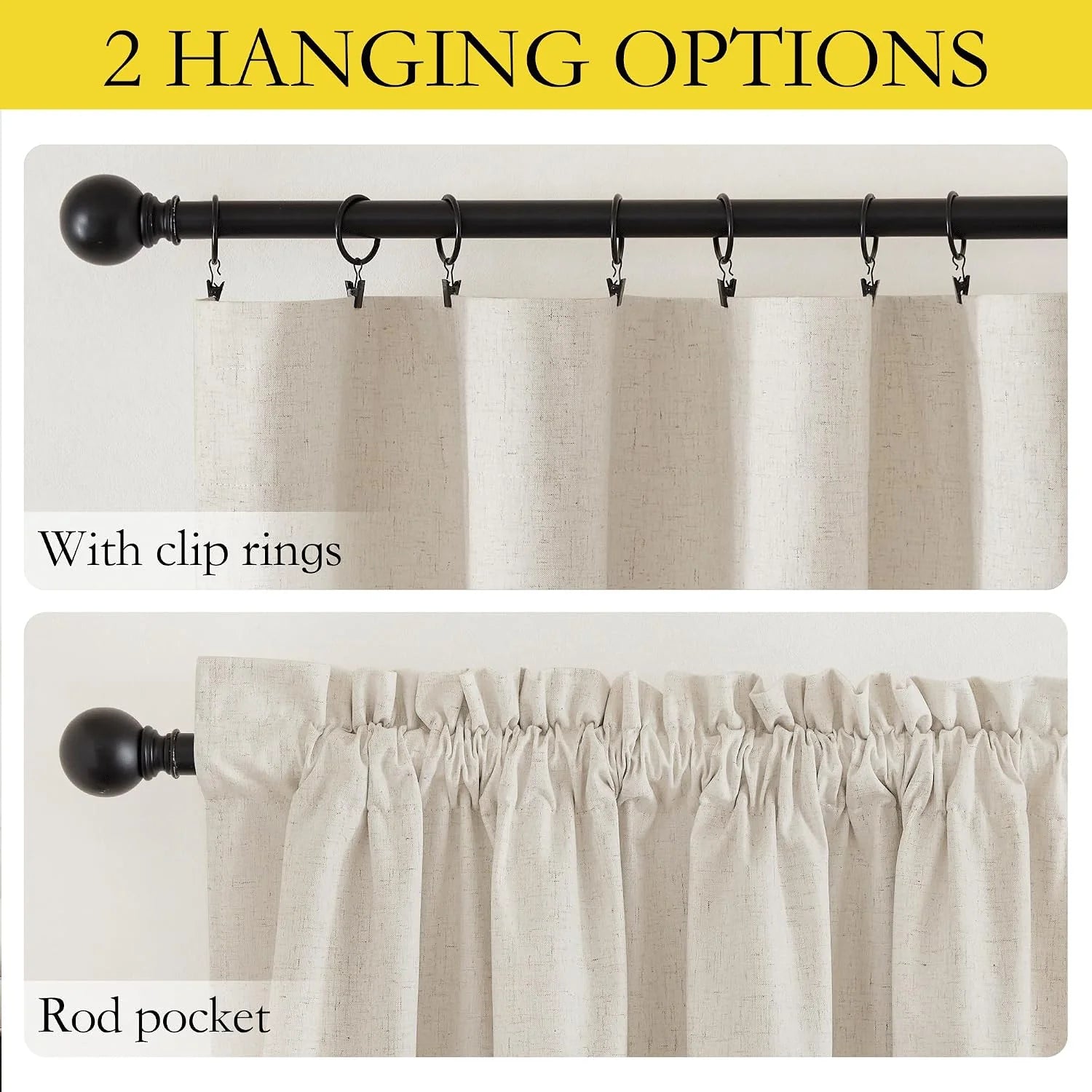 Ivory linen curtain panel shown with clip rings and rod pocket hanging styles