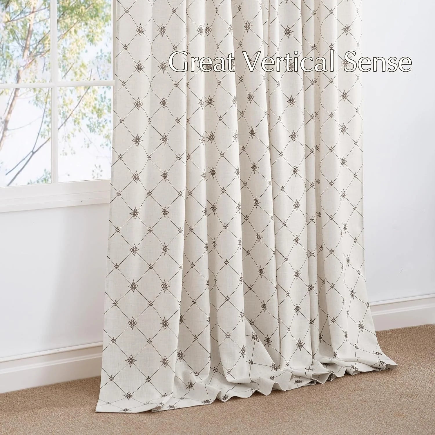 Ivory linen-look curtain panel with brown geometric trellis pattern by a bright window