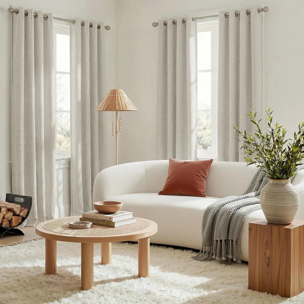 Ivory linen-look grommet curtains in a bright modern living room with white sofa