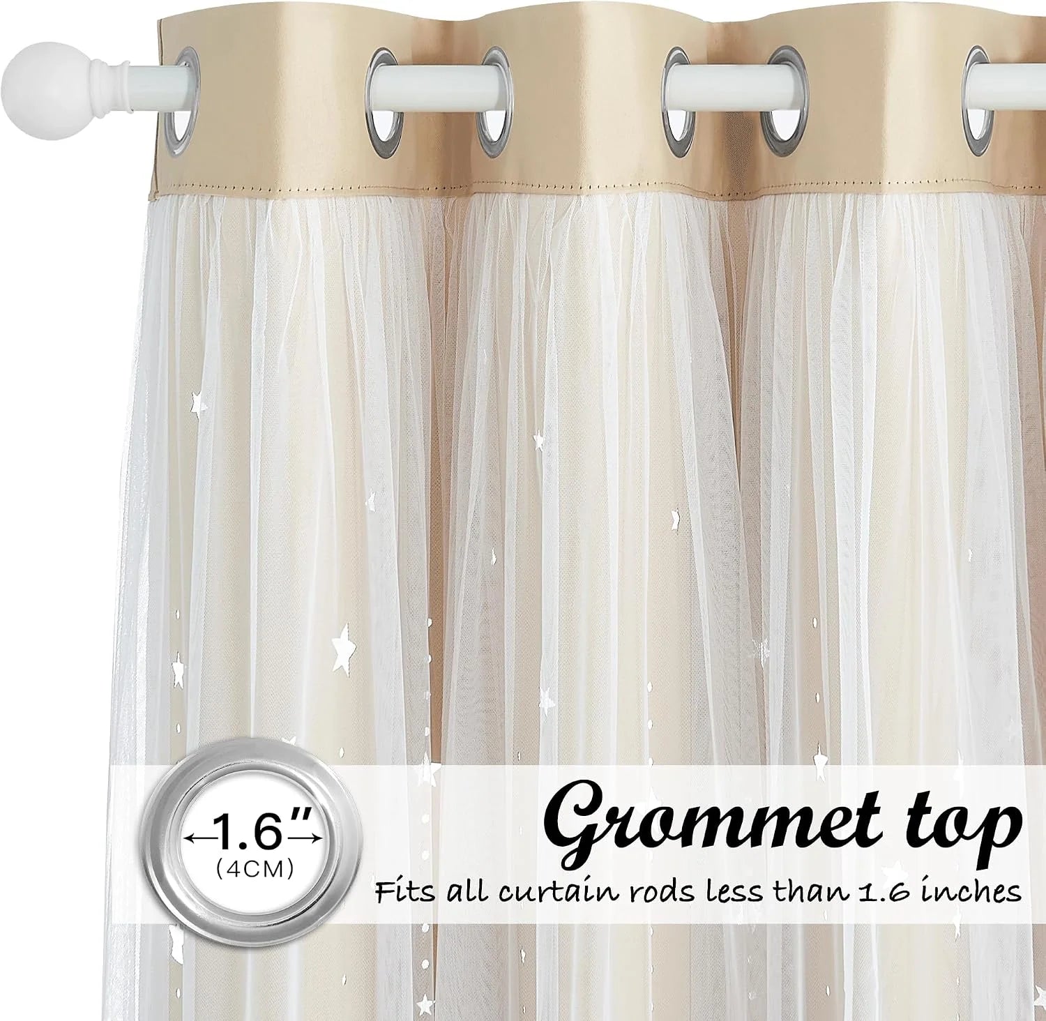 Ivory sheer curtain with silver grommet top and scattered star pattern