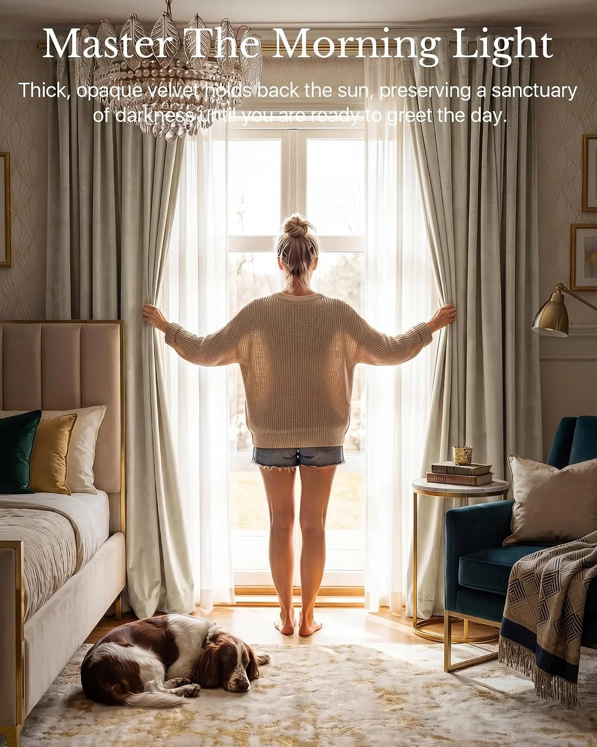 Woman opening ivory velvet blackout curtains in a bright elegant bedroom