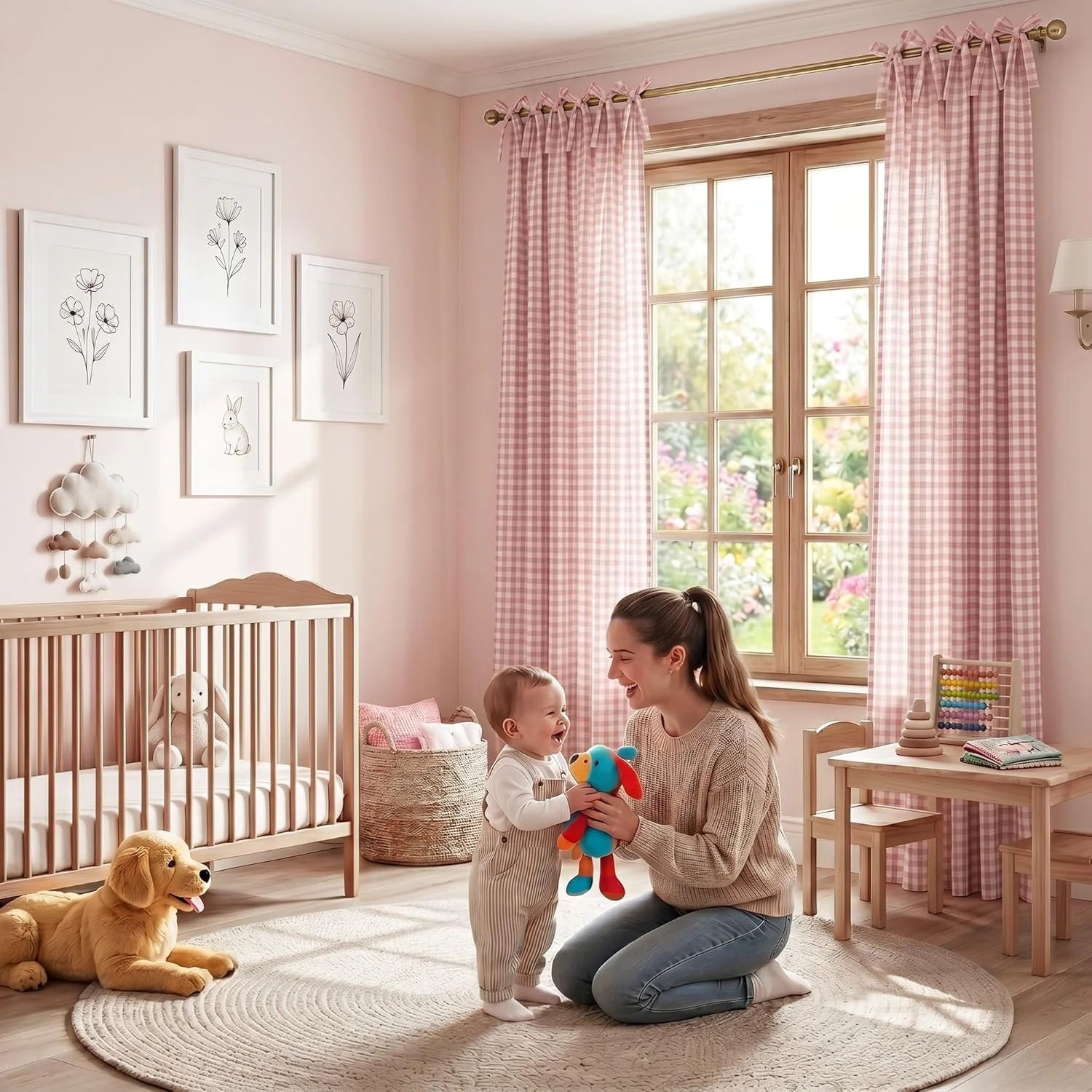 Smiling mother playing with her baby in a cozy pink nursery with a wooden crib, furniture, and checkered curtains.