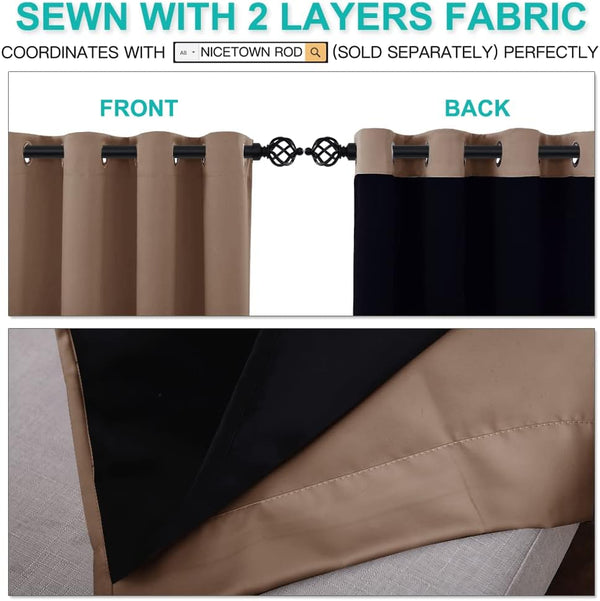 Khaki double layer blackout curtains with black lining and grommet top, shown front and back.