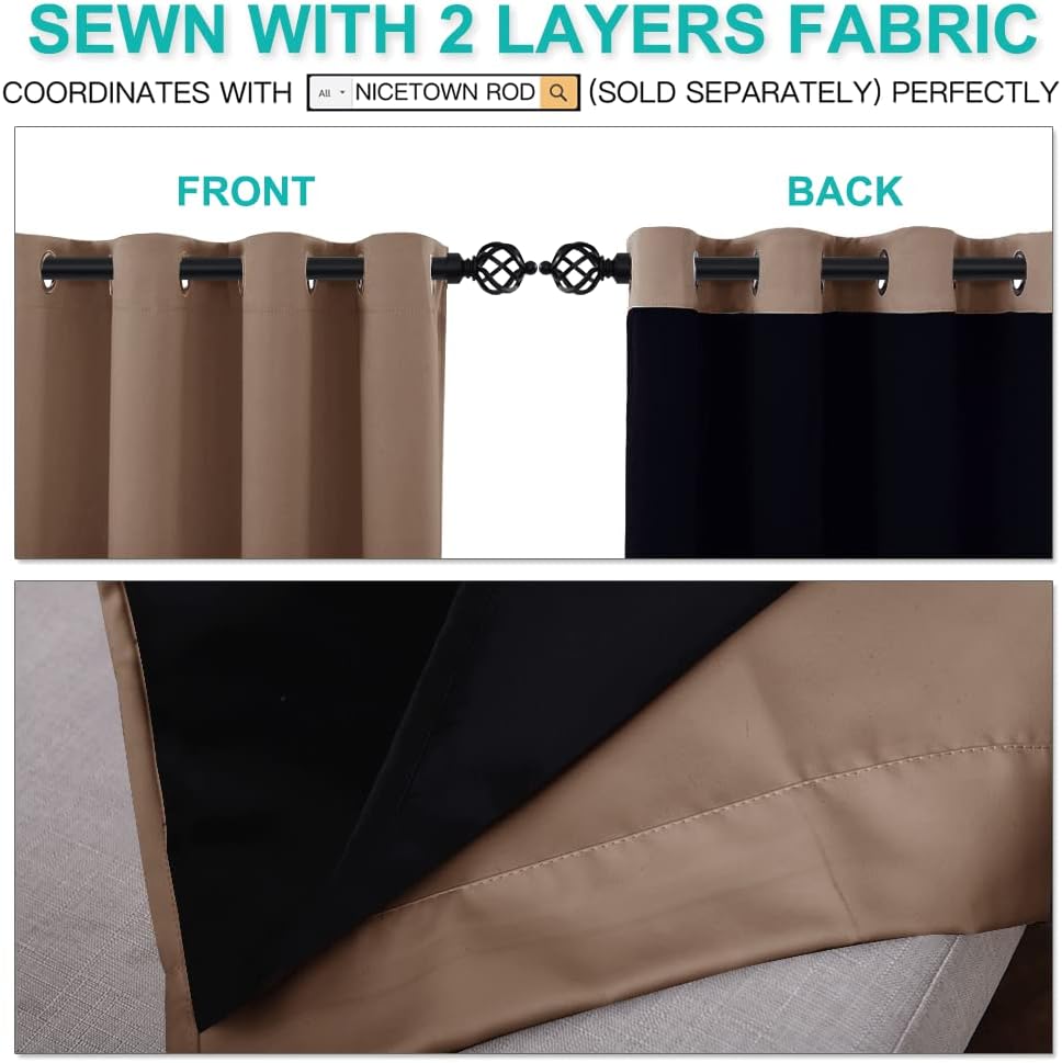 Khaki double layer blackout curtains with black lining and grommet top, shown front and back.