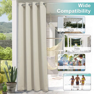 Khaki outdoor patio curtain with silver grommet top, offering shade and privacy.