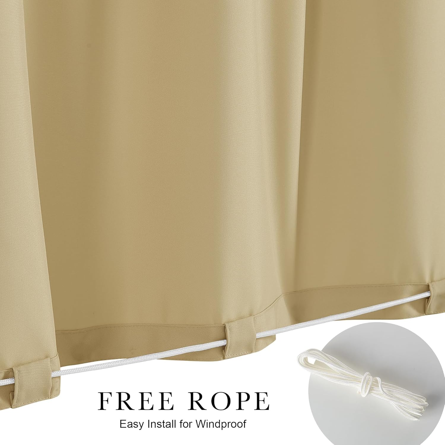 Khaki outdoor fabric curtain showing white rope threaded through bottom loops for windproof securing.