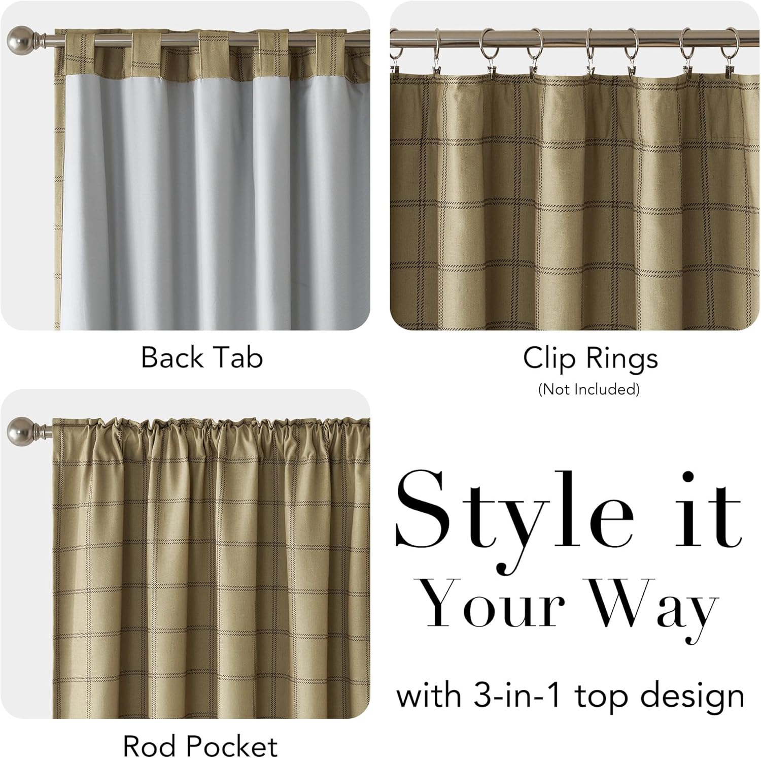 Khaki checkered curtain with a 3-in-1 versatile top design, showcasing different hanging styles.