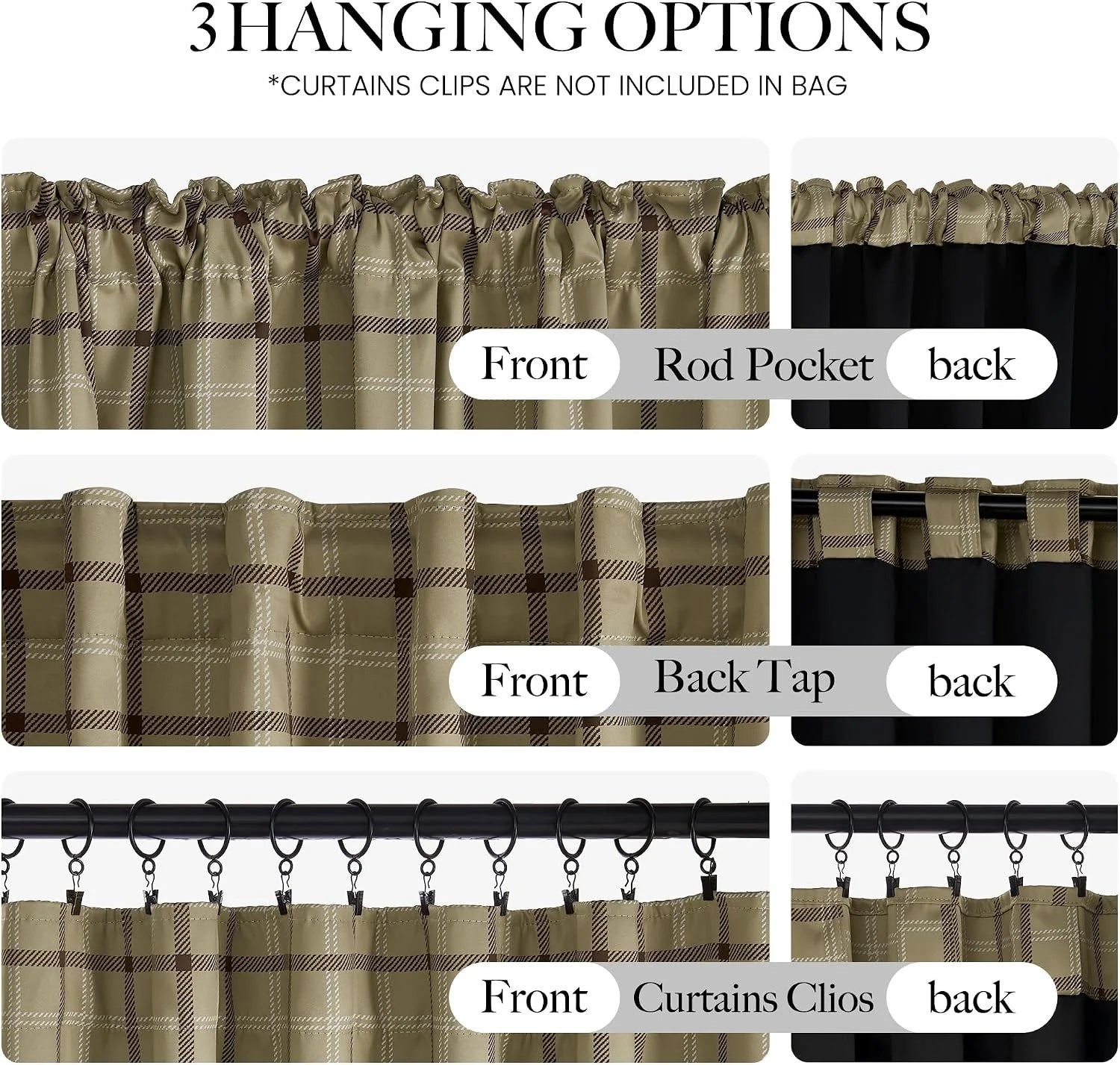 Khaki plaid blackout curtain header styles showing rod pocket, back tab, and clip rings