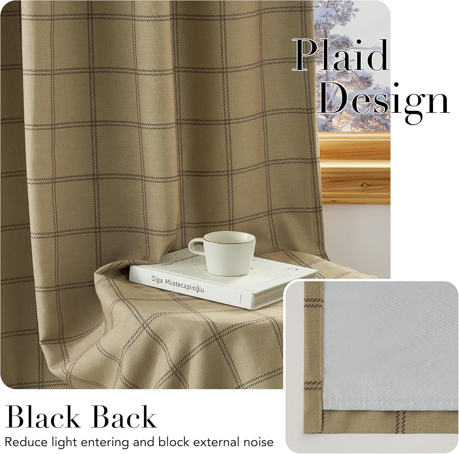 Khaki textured blackout window curtain with dark brown plaid pattern and a light-blocking thermal backing.