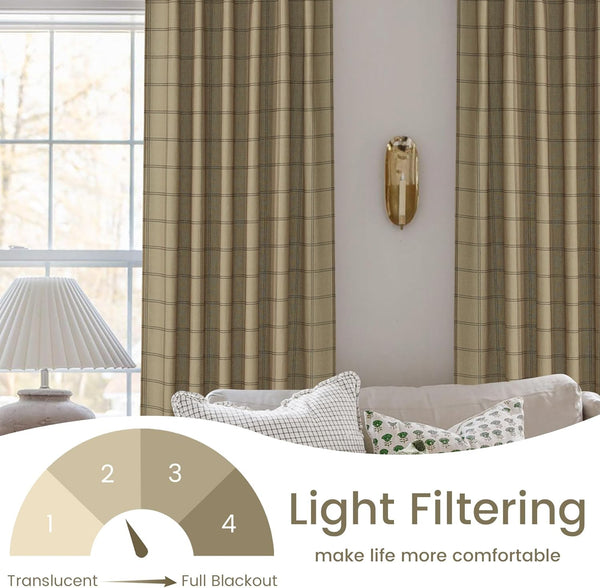 Khaki plaid light filtering curtains with dark grid pattern, showing moderate light blockage.