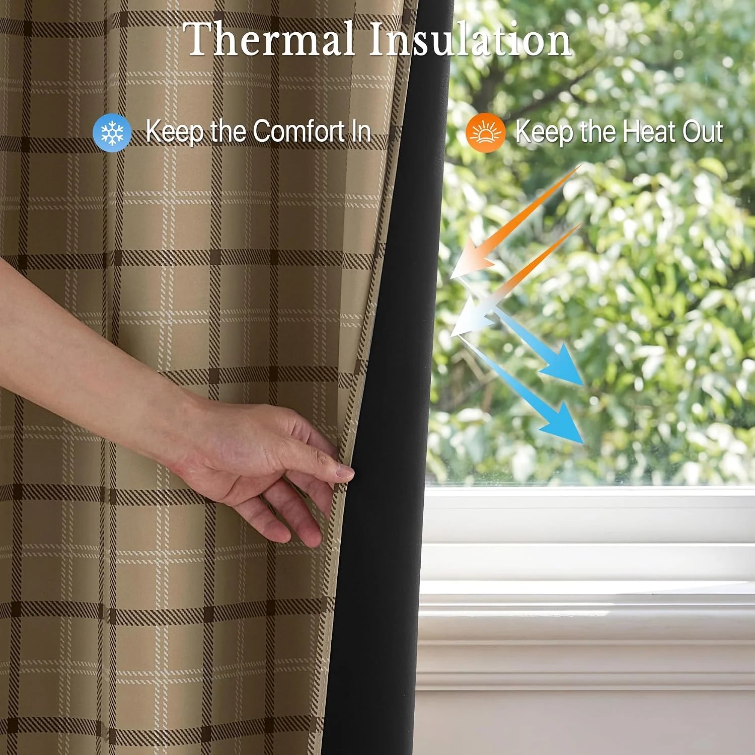 Hand holding khaki plaid thermal blackout curtain liner beside a bright window