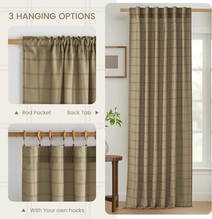 Khaki tan plaid curtain panel, displaying rod pocket, back tab, and hook hanging styles.