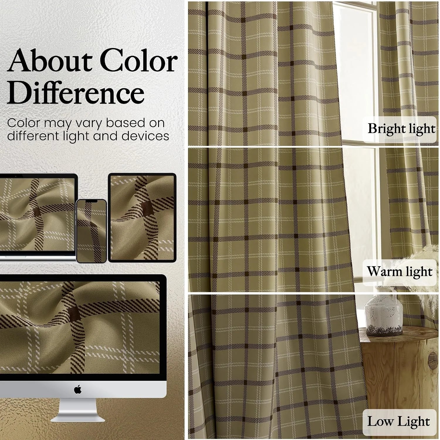 Khaki plaid curtain panel shown in bright, warm, and low light by a window