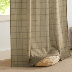 Khaki natural woven window curtain panel featuring a dark dashed grid pattern.
