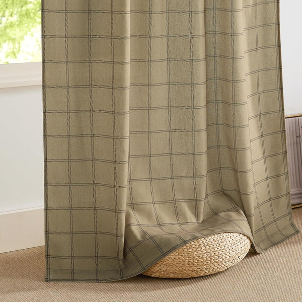 Khaki natural woven window curtain panel featuring a dark dashed grid pattern.