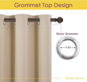 Khaki blackout curtain showing a 1.6-inch silver grommet top design on a dark rod.