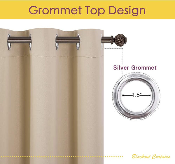 Khaki blackout curtain showing a 1.6-inch silver grommet top design on a dark rod.