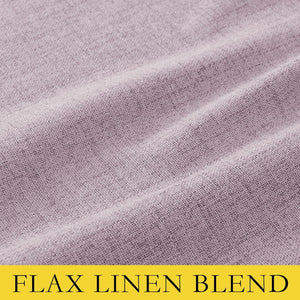 Close-up of a soft lavender flax linen blend fabric, showing its natural woven texture and subtle drape.
