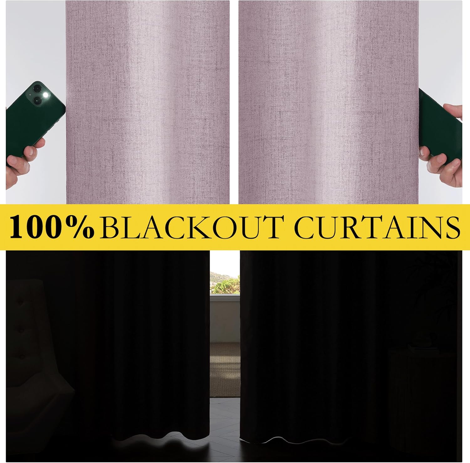 Lavender textured blackout curtains demonstrating complete light blockage with a flashlight and darkening a room.