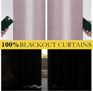 Lavender textured blackout curtains demonstrating complete light blockage with a flashlight and darkening a room.