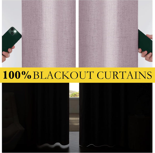 Lavender textured blackout curtains demonstrating complete light blockage with a flashlight and darkening a room.