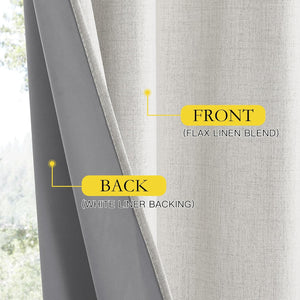 Close-up of a light beige flax linen blend curtain front with a smooth white liner backing