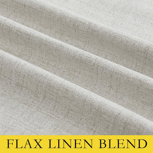 Close-up view of light beige flax linen blend fabric with a visible woven texture and soft, natural drapes.