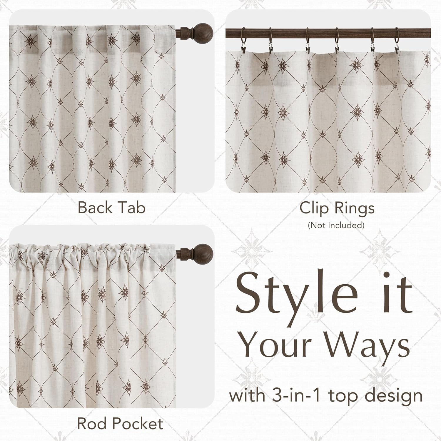 Light beige curtain with brown geometric pattern, highlighting its 3-in-1 versatile top for hanging.