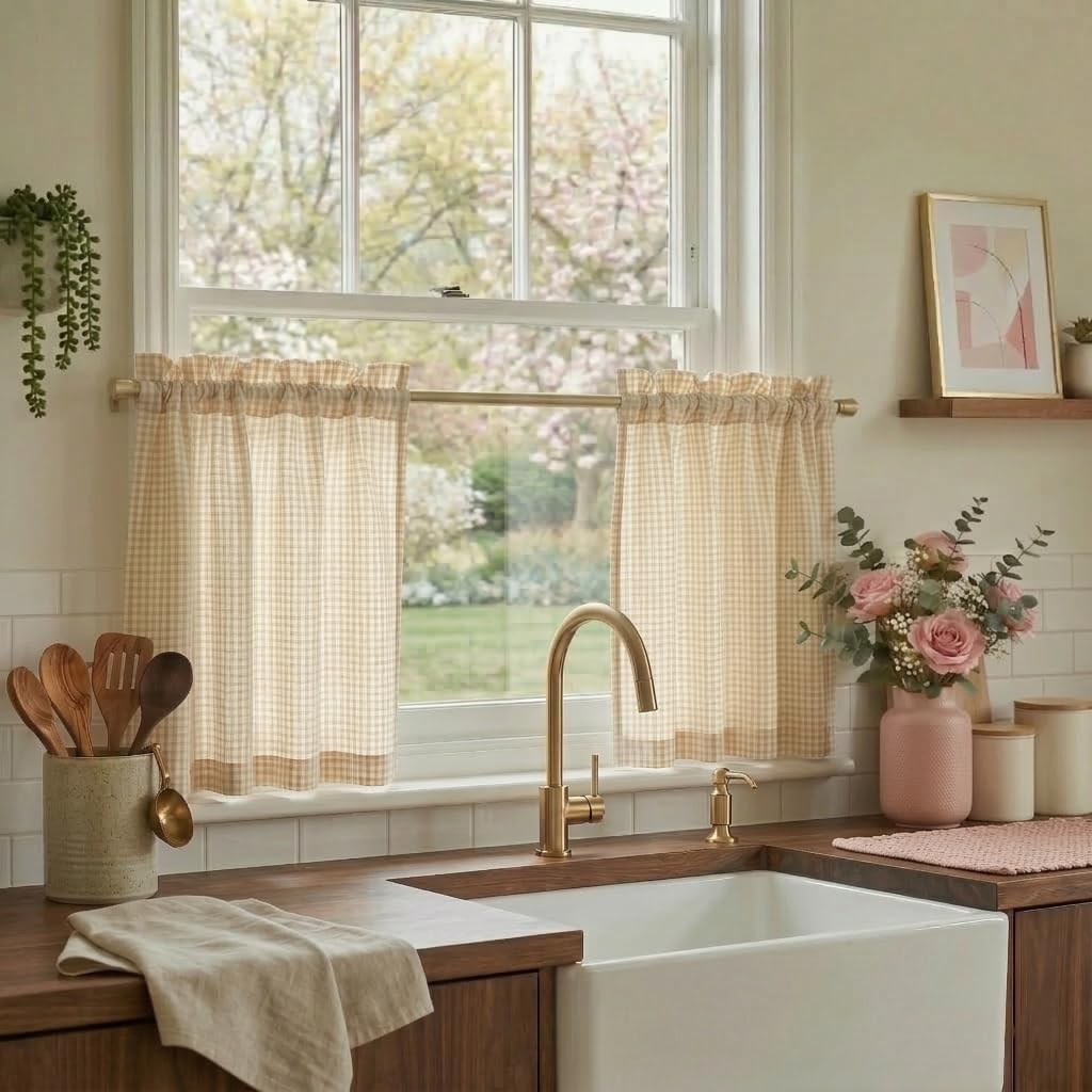 Light beige gingham cafe curtains with a rod pocket header hanging on a bright kitchen window.