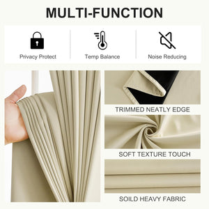 Light beige heavy curtain fabric with soft texture and neatly trimmed edge.