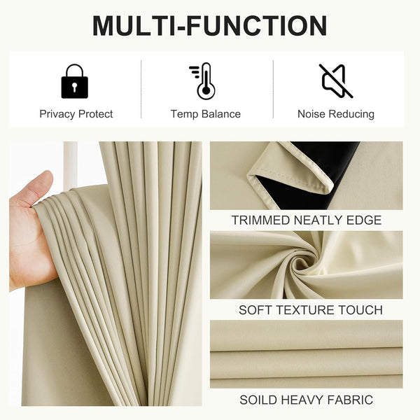 Light beige heavy curtain fabric with soft texture and neatly trimmed edge.