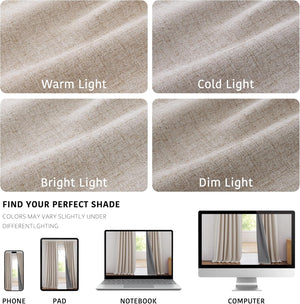 Textured light beige linen-blend blackout curtain fabric demonstrated under various light conditions.