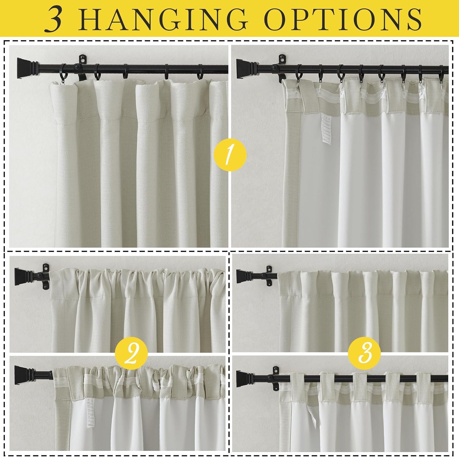 Three ways to hang light beige linen curtains: pin hooks, rod pocket, and back tabs on a black rod.