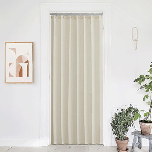 Natural light beige textured linen panel curtain on silver rod for doorway privacy.