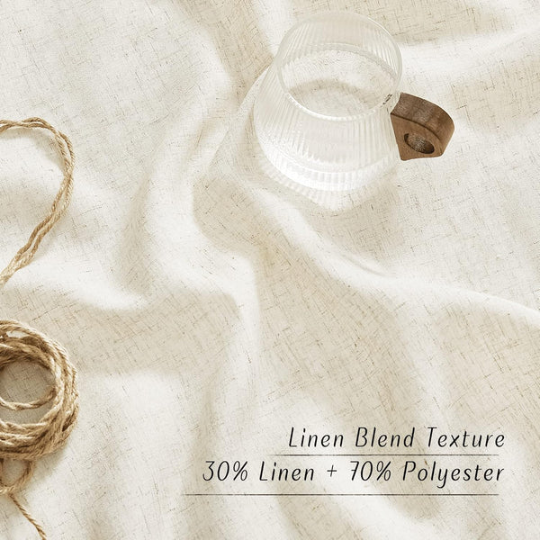 Light beige linen polyester blend fabric draped, showcasing its natural slub texture and fine weave.