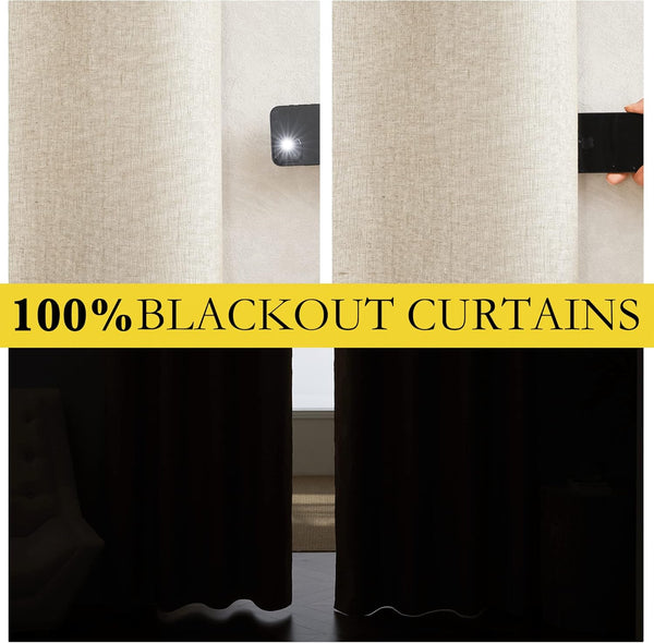 Light beige blackout curtain with linen texture blocking flashlight beam, showing 100% room darkening.