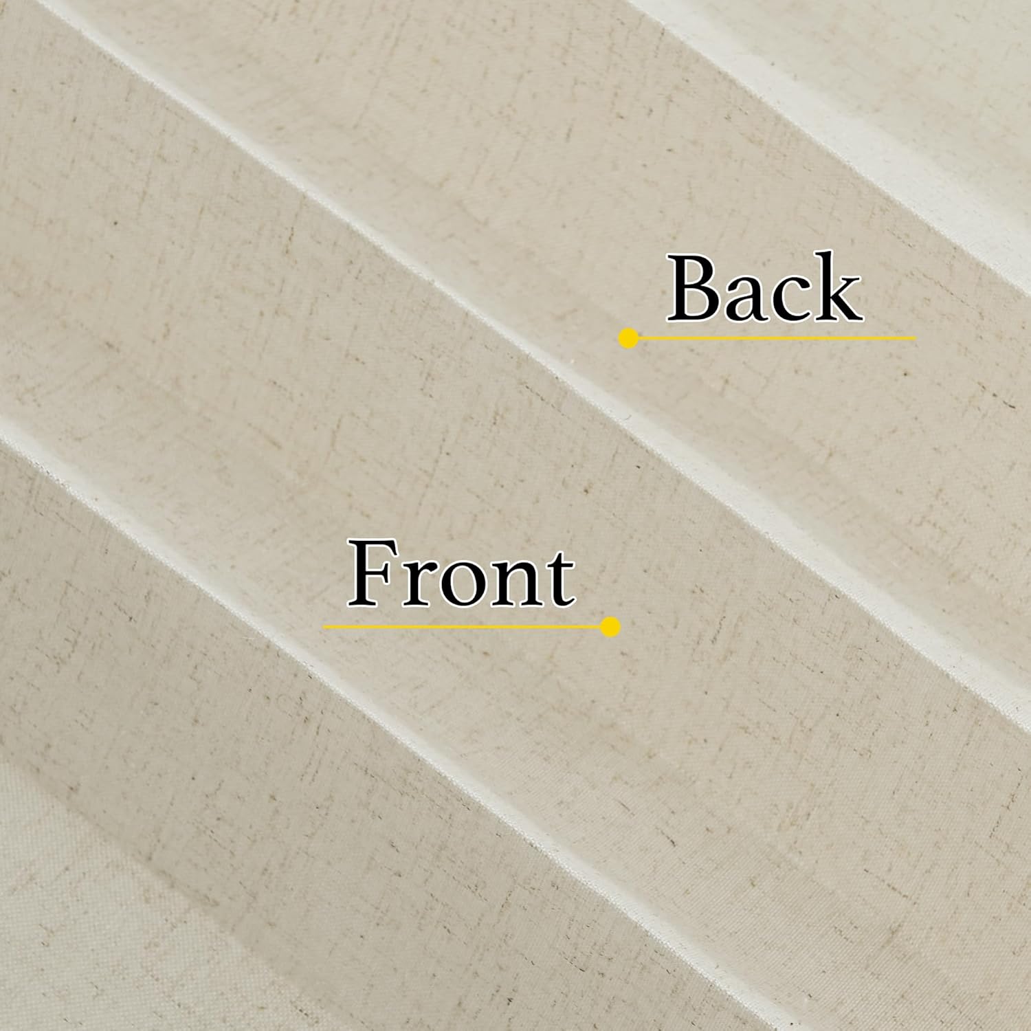 Close-up of light beige linen-textured pleated shade fabric, highlighting the front and back sides.