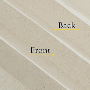 Close-up of light beige linen-textured pleated shade fabric, highlighting the front and back sides.