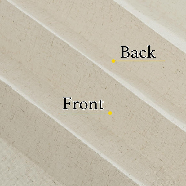 Close-up of light beige linen-textured pleated shade fabric, highlighting the front and back sides.