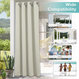 Light beige outdoor grommet curtain hanging from a rod on a patio wall next to a white woven hammock.