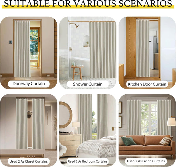 Light beige pleated curtain, shown in multiple scenarios as a doorway, shower, and room divider.