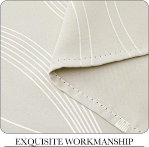 Textured light beige fabric with elegant white stripe pattern and visible, neat stitching along the fold.